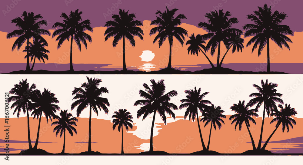 Obraz premium Stunning palm trees silhouetted against vibrant sunset over calm ocean waters