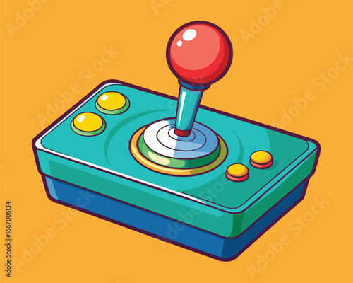 Vector art of retro arcade joystick controller with red ball top and yellow buttons on a vibrant orange background, evoking nostalgia for classic video games and entertainment