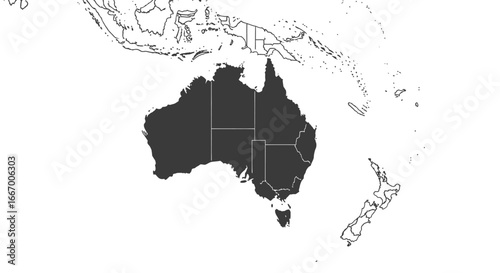 Explore Australia and Oceania's diverse regions with this clear, modern map outline and political divisions