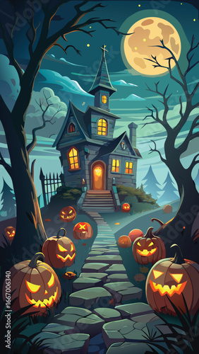Spooky halloween scene with haunted elements and eerie atmosphere