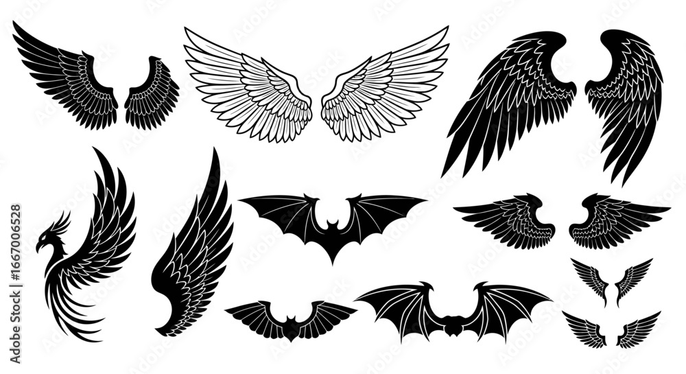 Obraz premium Diverse wing designs featuring angelic, bat, and phoenix styles for creative projects