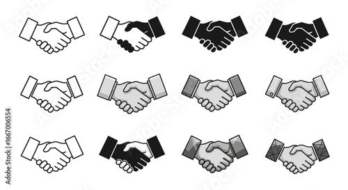 Dynamic handshake icons representing business deal success and professional collaboration.