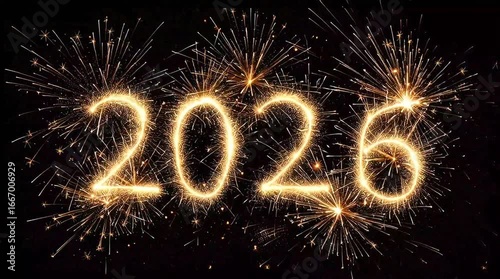 The year 2026 written in sparkling fireworks against a dark background, symbolizing celebration and New Year's Eve