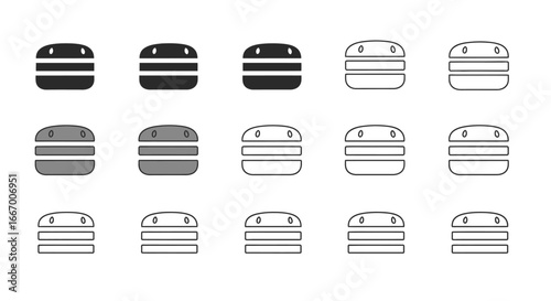 Diverse burger icons showcase simple design variations for food branding and menus