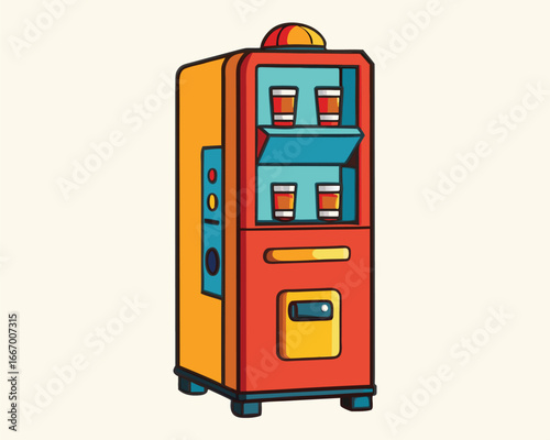 Vector art of a colorful cartoon vending machine with drinks inside, featuring red, orange, and yellow colors, against a light cream background