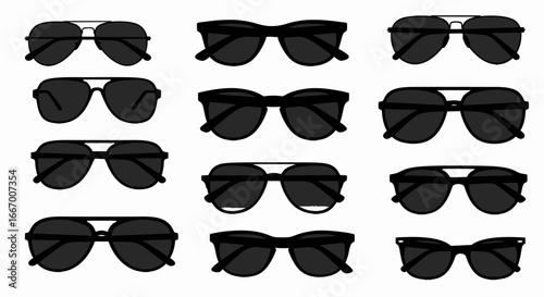 Stylish black sunglasses collection, showcasing modern aviator and classic designs with sleek frames.