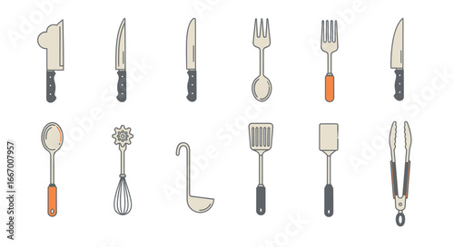 Essential kitchen utensils collection featuring knives, forks, spoons, whisks, ladles, spatulas, and tongs for cooking.