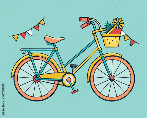 Vector art of colorful vintage bicycle with flowers in basket and decorative flags, symbolizing summer outdoor activity and leisure