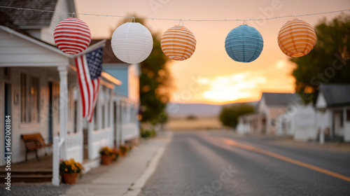 Fototapeta Naklejka Na Ścianę i Meble -  Rustic main street at sunset with paper lanterns and ribbons for a festive atmosphere