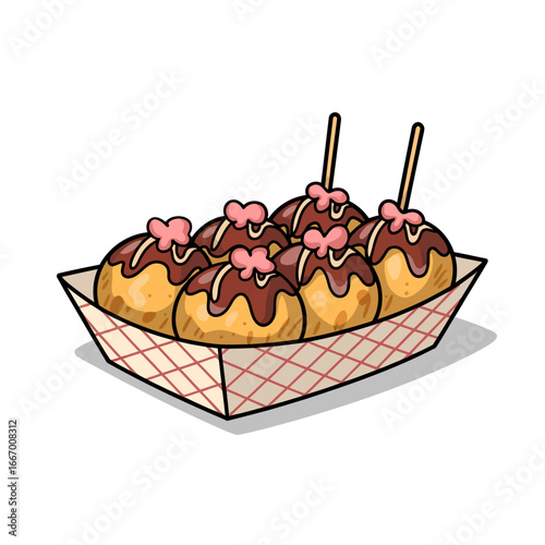 Illustrated golden-brown fried snacks in a paper tray, drizzled with dark sauce and pink toppings. Perfect for street food or snack visuals.