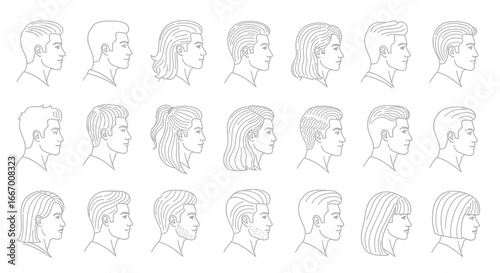 Diverse collection of stylized profile portraits showcasing various modern hairstyles for men and women