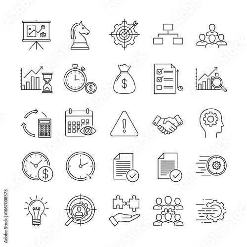 Set of 30 Minimalist Line Icons for Business Strategy and Management