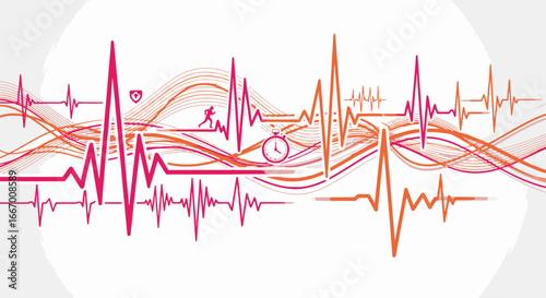 Dynamic heartbeat pulse line art with runner and stopwatch, conveying health, fitness, and speed.