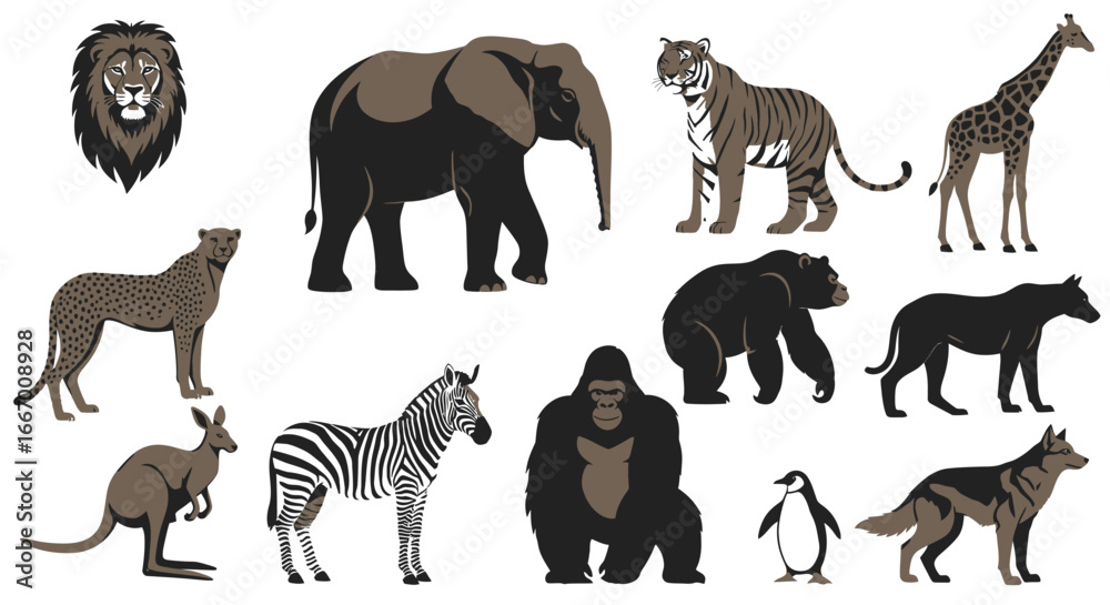 Naklejka premium Vibrant collection of diverse wild animals including lion, elephant, tiger, giraffe, cheetah, zebra, gorilla, penguin, kangaroo, and wolf.
