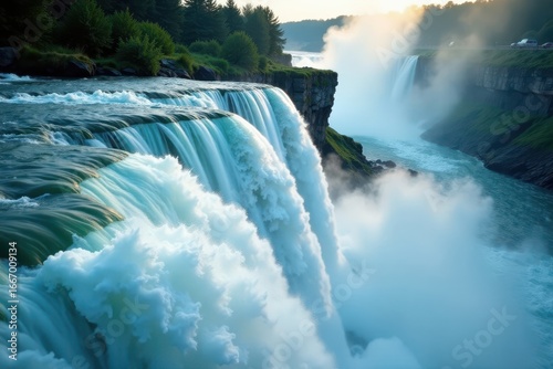 Close-up of churning water at the brink of Horseshoe Falls , immersive, current, natural