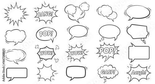 Dynamic comic book speech bubbles with exciting sound effects like BANG POP WOW GASP AARGH for creative projects