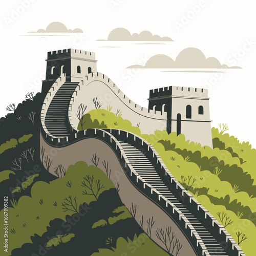 Illustration of the Great Wall of China with Cloudy Sky and Green Landscape