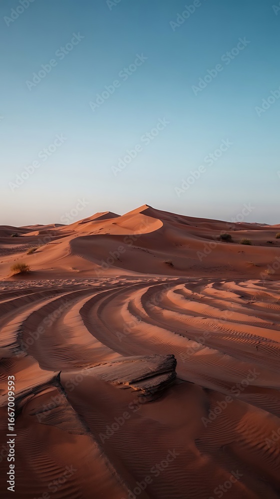 Fototapeta premium Minimalistic Desert Landscape with Red Sand Dunes, Soft Evening Light, Clear Sky, Aesthetic Scenic Nature Mobile Wallpaper