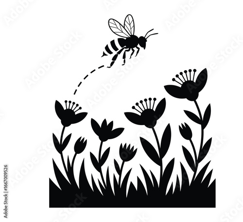 Bee hovering over spring flowers silhouette isolated black and white vector illustration