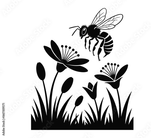 Bee hovering over spring flowers silhouette isolated black and white vector illustration