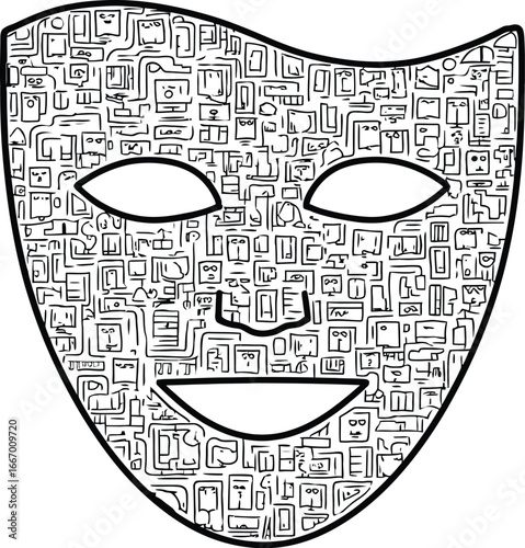 Stylized Black Carnival or Theatrical Mask with Eye Holes and Smiling Mouth, Filled with Dense Mosaic of Abstract Geometric Faces and Symbols Representing Collective Identity and Multifaceted Personal