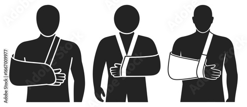 Silhouette Illustration of Three Men with Arm Slings Depicting Arm Injury and Medical Support on Transparent Background