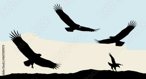 Majestic eagles soar freely across a serene sky at dawn, embodying freedom and power.
