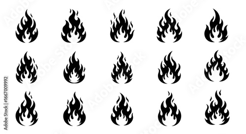 Dynamic black flame icons ignite creative projects with fiery visual energy and passion