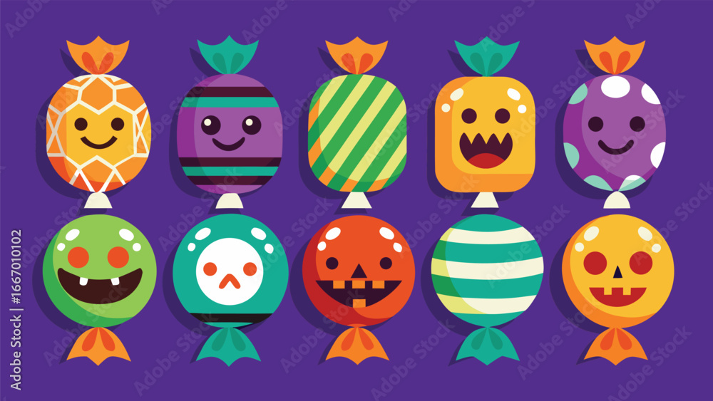 Fototapeta premium A vibrant collection of eight distinct halloween themed graphic elements and icons for festive design projects