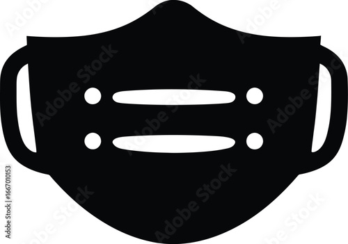Black Silhouette of Stylized Face Mask with Two Horizontal Slits and Four Circular Holes, Featuring Ear Loops on Both Sides in Minimalist Abstract Design for Protective Gear or Iconographic Use