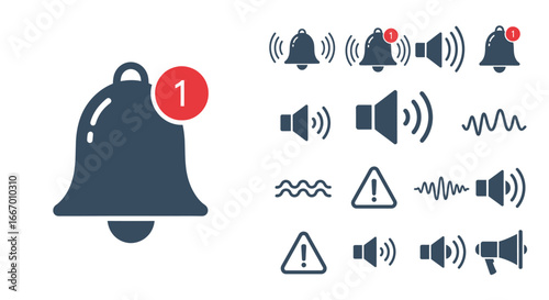 Modern notification and sound icons alert users to important updates and audio signals