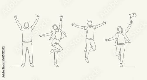 Joyful team celebrates success together with dynamic poses and a triumphant flag