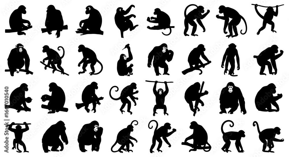 Naklejka premium Collection of diverse monkey silhouettes in various poses.
