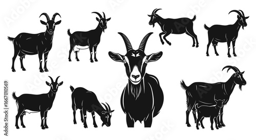 Diverse goat silhouettes showcase farm animals in various poses, perfect for agricultural themes.