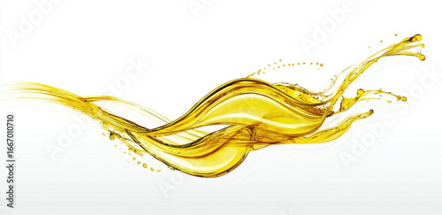 Dynamic golden yellow liquid splash forming an abstract wave on a clean white background, showcasing fluid motion and energy.