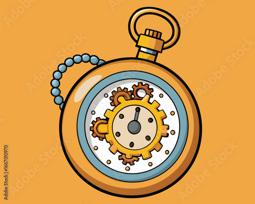 Vector art of detailed illustration of a vintage pocket watch with visible gears, showcasing intricate mechanical craftsmanship and timeless style