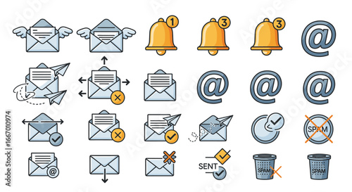 Modern digital communication icons email notifications alerts and messaging symbols for apps and web
