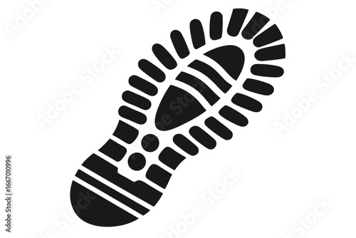 Single black shoe footprint showing tread pattern, emphasizing unique design details and texture of the sole