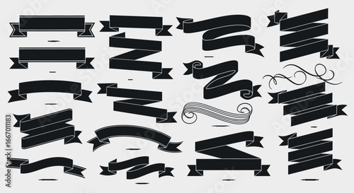 Collection of black vector ribbon banners in various shapes and styles, isolated on a light background, for graphic design and decoration.