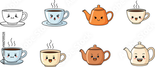 Cute cartoon tea and coffee cups with teapots, kawaii hot drinks icons set, smiling faces, vector beverage illustration pack.