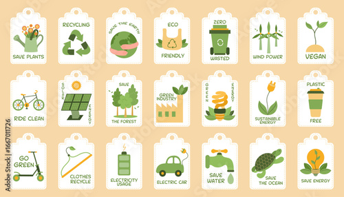 Eco friendly labels. Collection of paper tags with ecology elements. Rational use of natural resources. Processing and recycling. Sustainable living concept. Environmental protection.