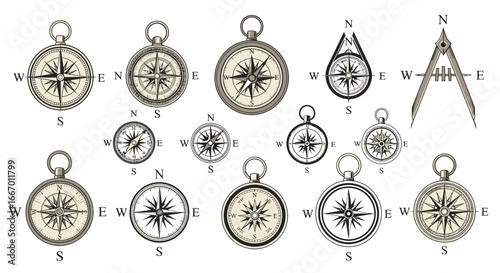 Collection of vintage-style compasses, various designs and sizes, navigational tools.
