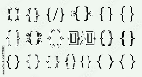 A collection of various stylized curly braces, each with unique designs and details, arranged on a subtle background.