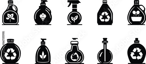 Set of Ten Black and White Icons of Bottles Featuring Eco-Friendly Symbols Including Leaves, Flowers, Recycling Signs, Plants, Fruits, and Flame, Representing Sustainable Product Packaging 