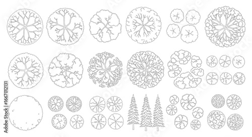 A collection of tree plan view drawings, showing various tree types and sizes, rendered in a simple line style on a white background.
