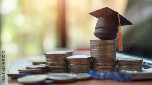 Graduation cap on coins, signifying financial success, laptop in background