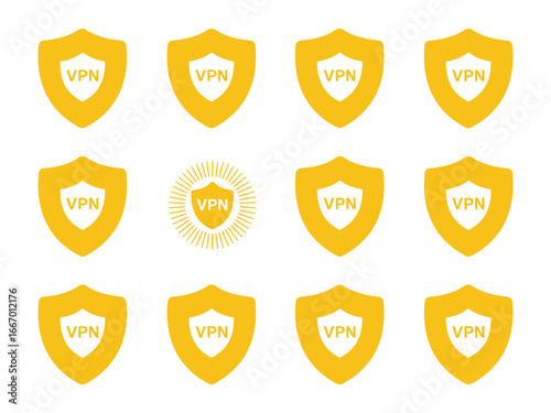 VPN Security Shields Golden Vector Icons for Internet Privacy and Secure Connection Ensuring Online Safety and Protection