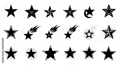 Dynamic collection of modern black stars and shooting stars perfect for graphic design and branding.