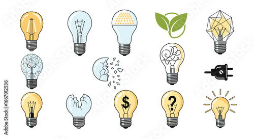 Eco-friendly lightbulbs for sustainable living and energy conservation with innovative designs and symbols for eco concept
