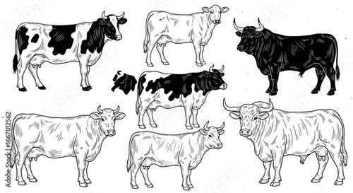 Stunning collection of diverse cattle breeds, showcasing bulls and cows in classic linework style